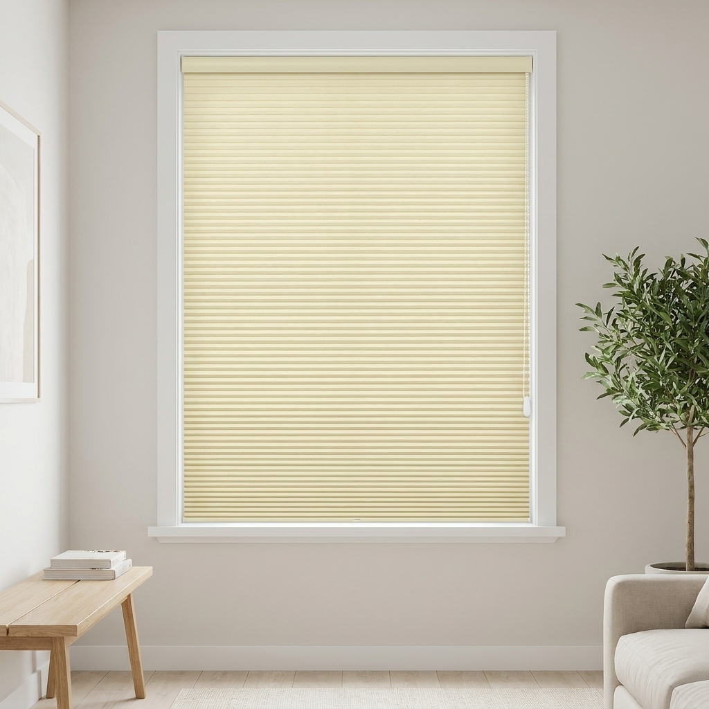 Ready-made honeycomb cellular blind in Buttermilk on a bright window