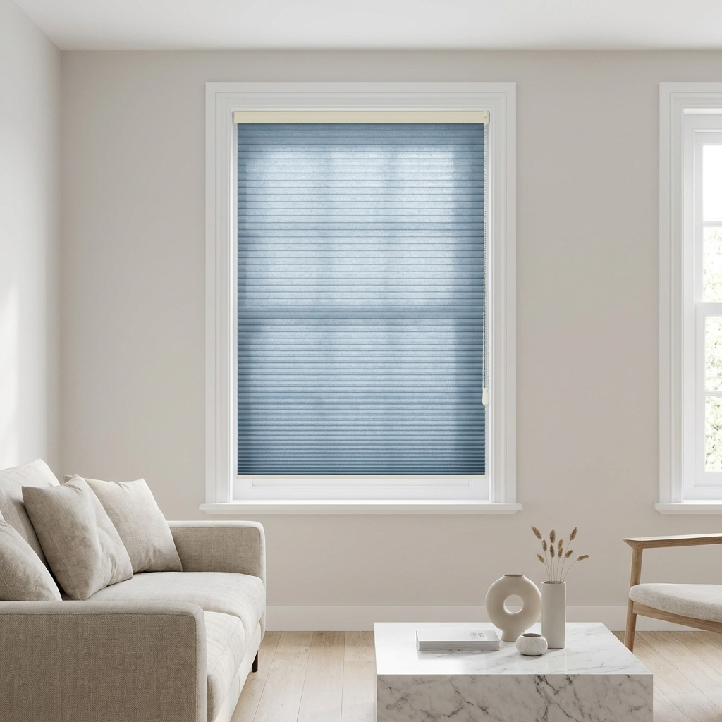 Ready-made honeycomb cellular blind in Dusty Blue on a bright window