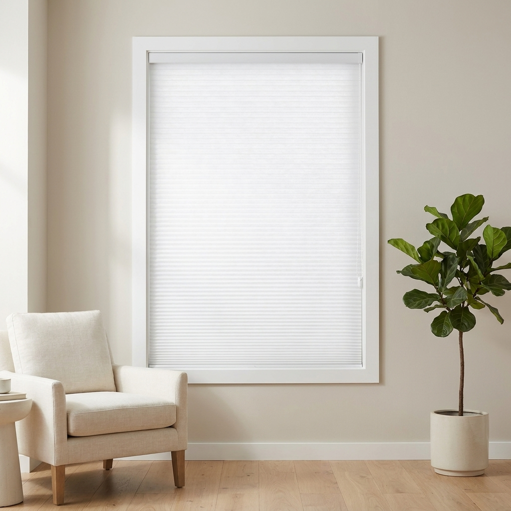 Ready-made semi blackout honeycomb cellular blind in Pure White on a bright window