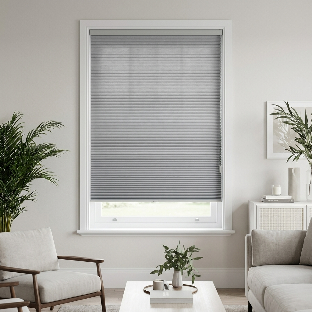 Ready-made honeycomb cellular blind in Dove Grey on a bright window
