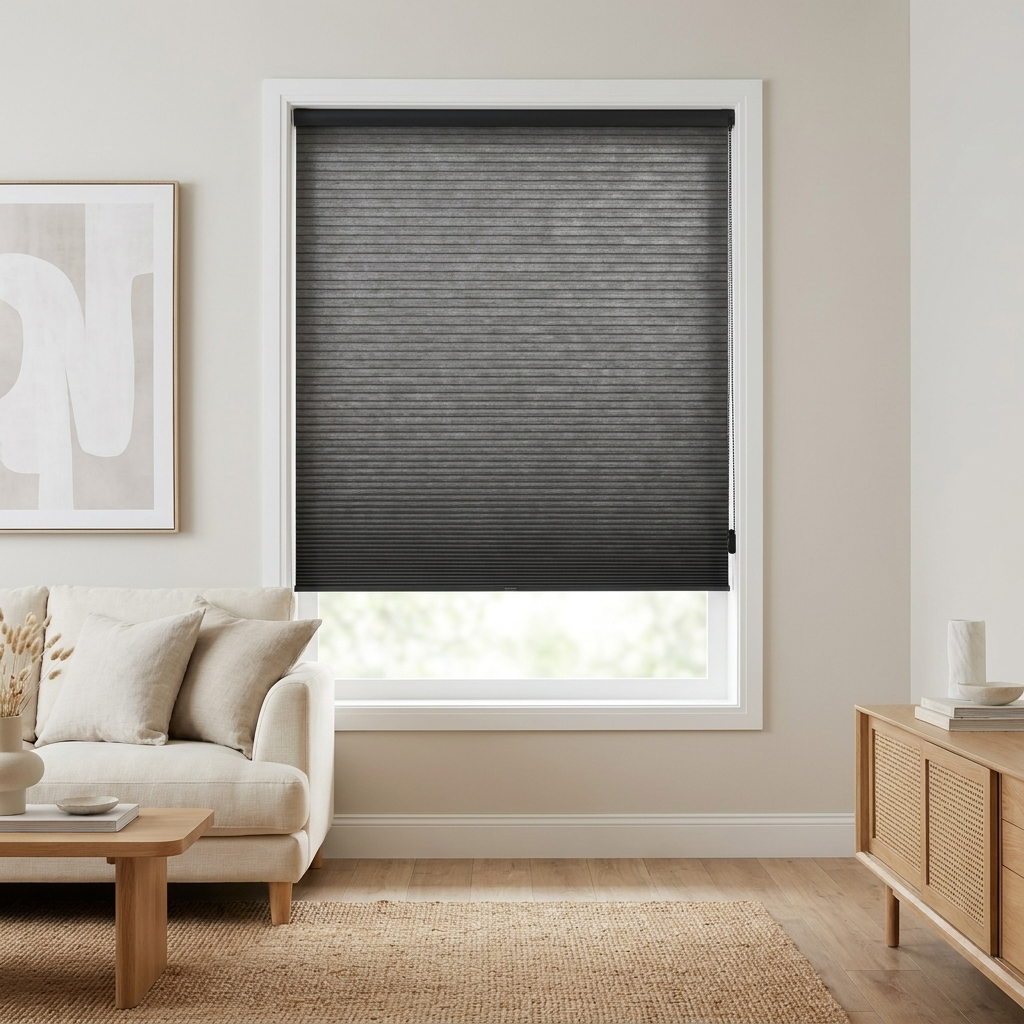 Ready-made honeycomb cellular blind in Charcoal on a bright window